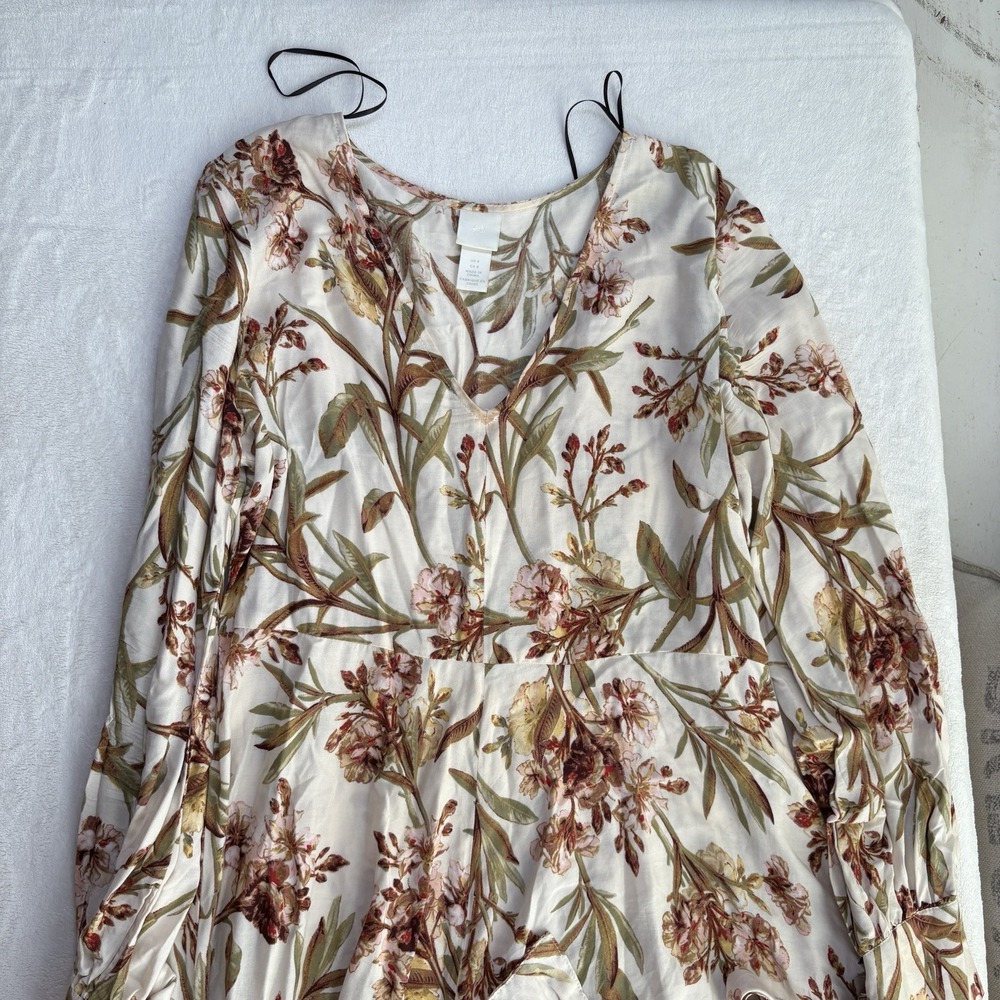 H&M Floral Maxi Dress Cream Pink Boho Cottagecore Long Sleeve Tie Cuff Size 8